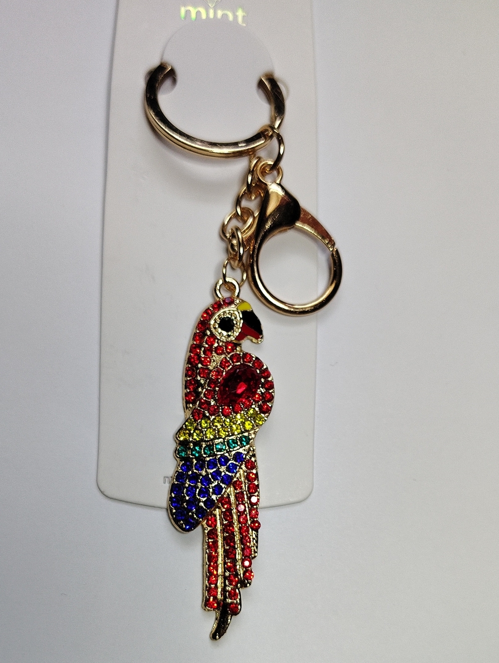 🏝️Tropical Metal Rainbow Rhinestone Macaw Gold Tone Keychain 🏝️